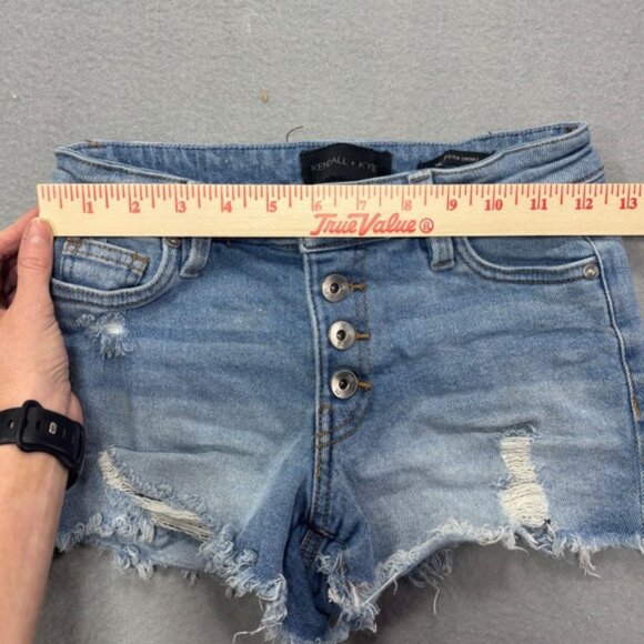 Kendall + Kylie 0/24 The Hipster Shorts Denim Distressed Frayed Hem Button Fly - Picture 8 of 10